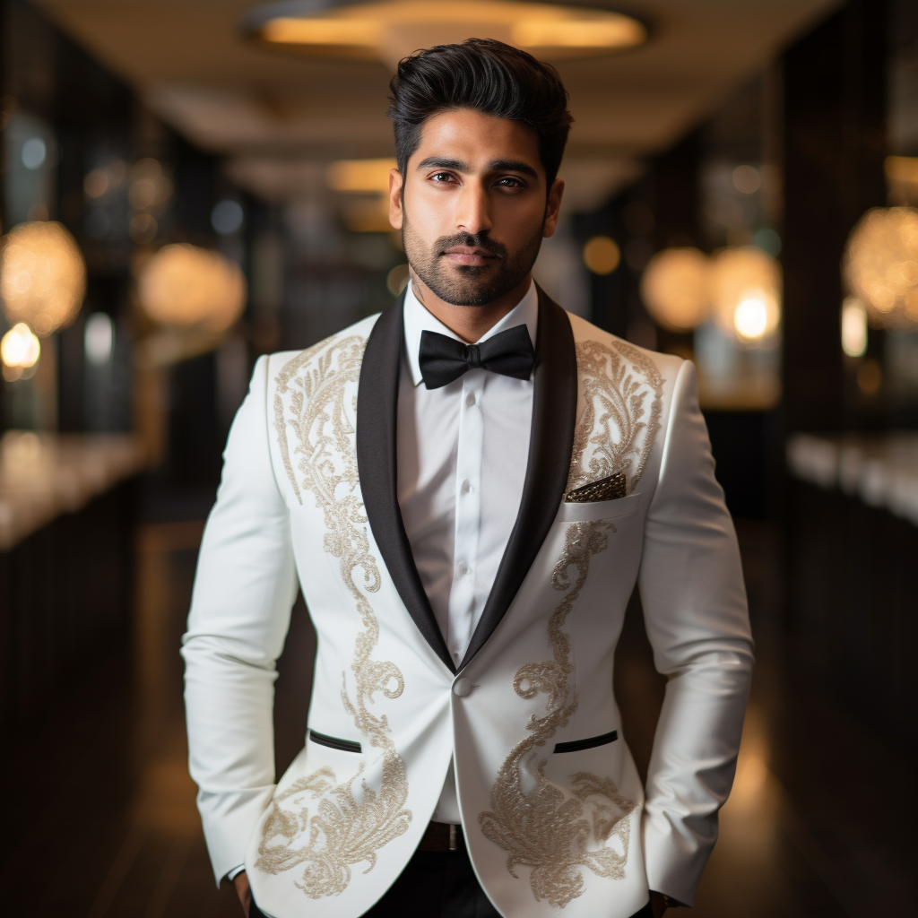 Groom in White Embroidered Sherwani Tuxedo – Royal Groomswear with Black Bow Tie
