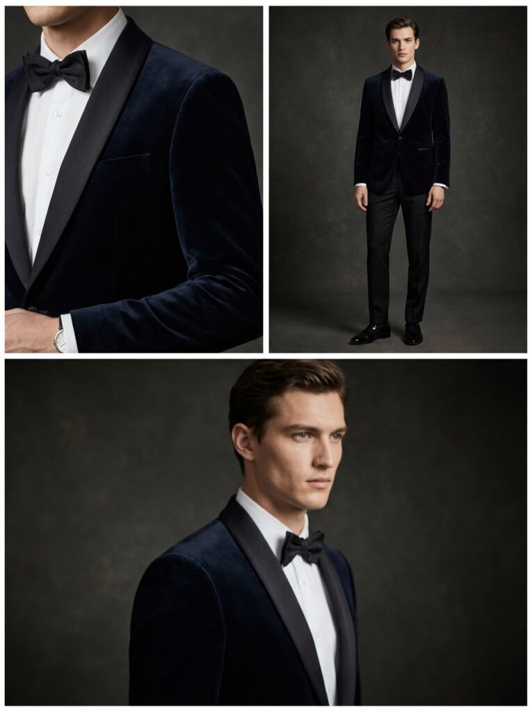midnight matte velvet tuxedo jacket with satin lapels – modern 2025 menswear trend
