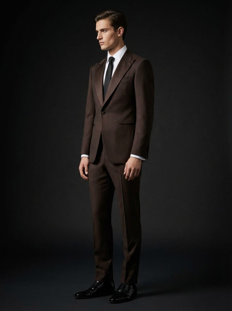 Coffee brown tuxedo with wide sculpted peak lapels and satin finish – 2025 mens formal style