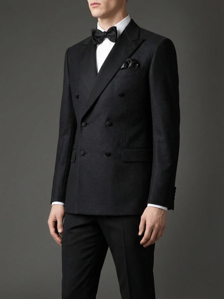 double-breasted tuxedo with six-button design and wide peak lapels – modern formalwear 2025