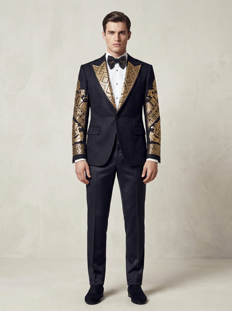 Black textured tuxedo jacket styled with black trousers – modern mix-and-match formalwear 2025