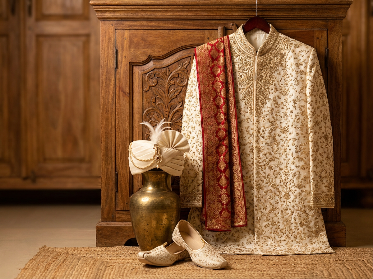 Traditional Indian groom sherwani with ivory embroidery, red dupatta and mojri shoes for a luxury wedding look.