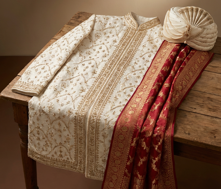 Luxury ivory groom sherwani with red dupatta and traditional accessories.