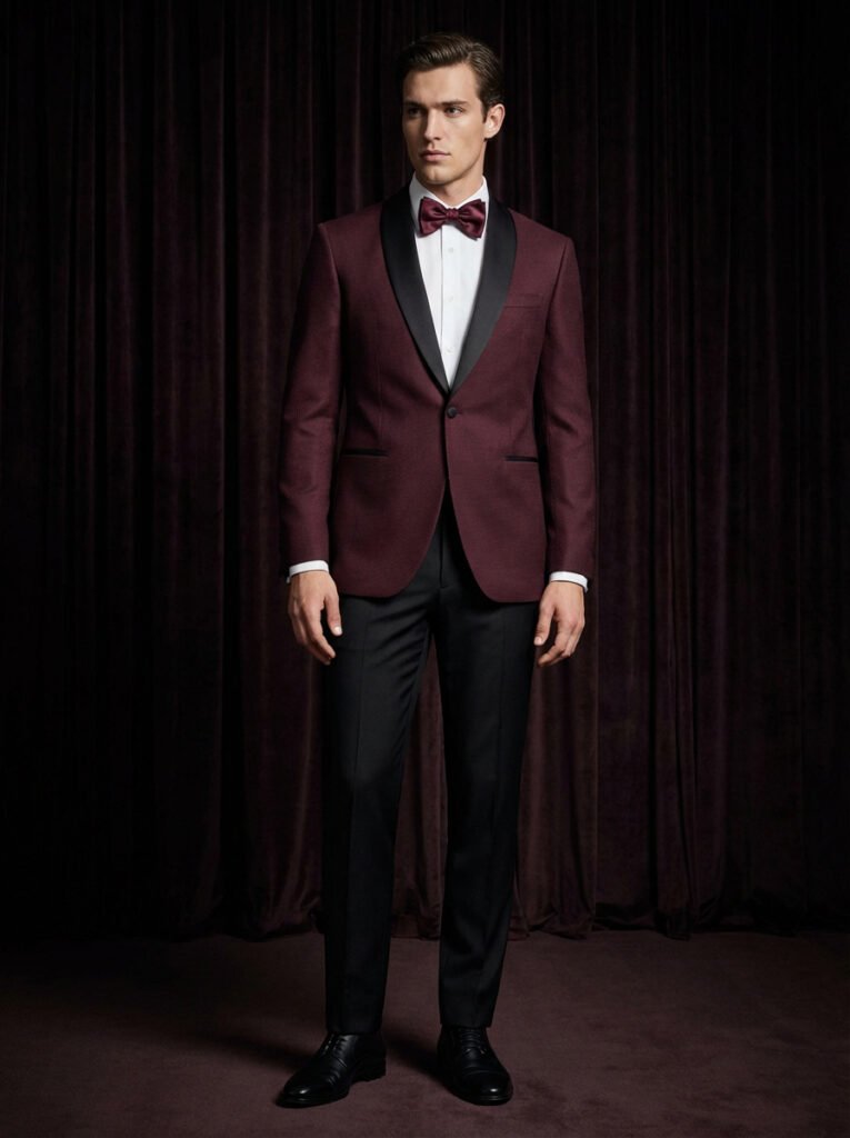 slim-fit burgundy minimalist tuxedo with single-button closure and sculpted silhouette – 2025 groom style