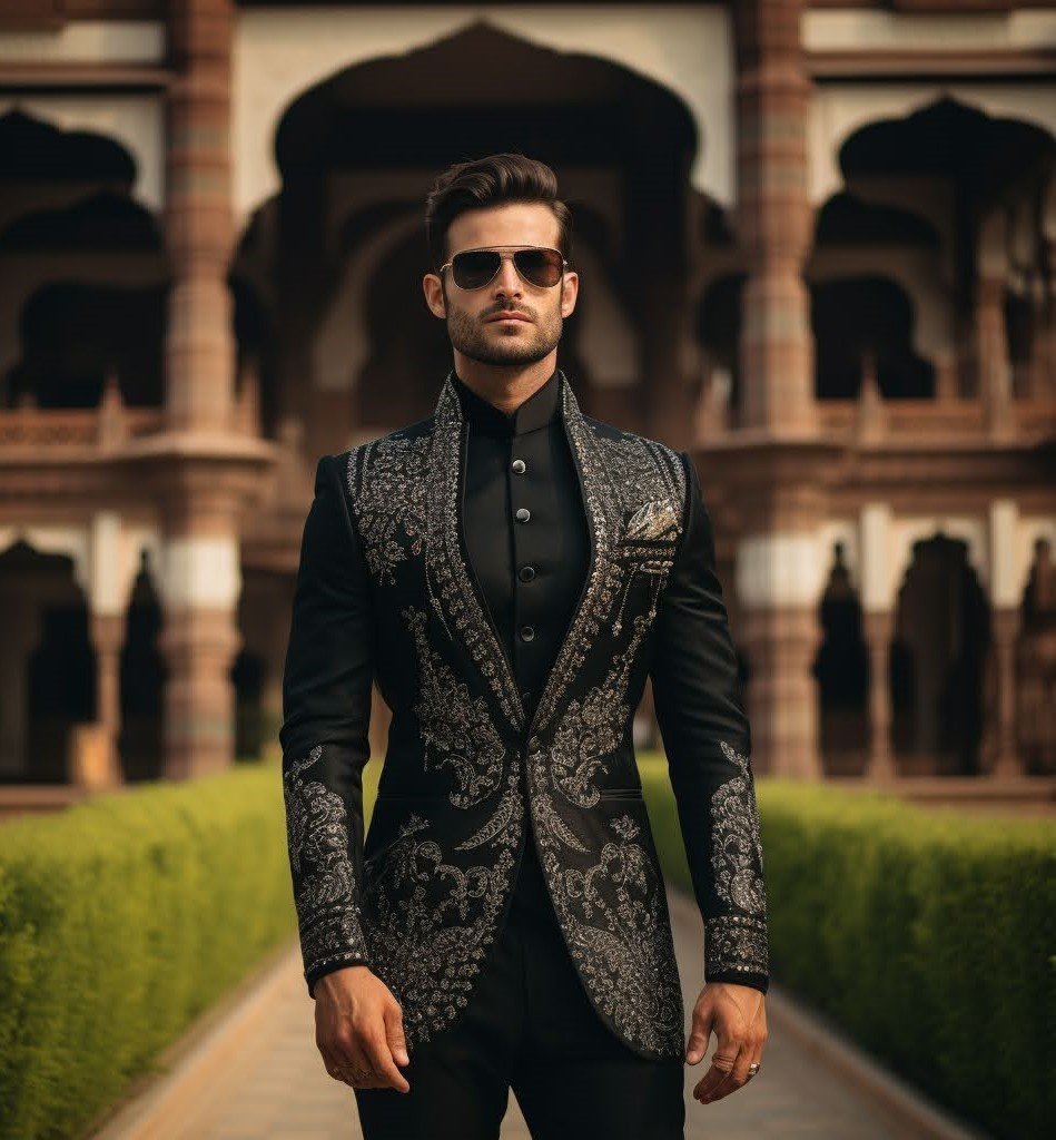 Groom wearing black embroidered wedding tuxedo