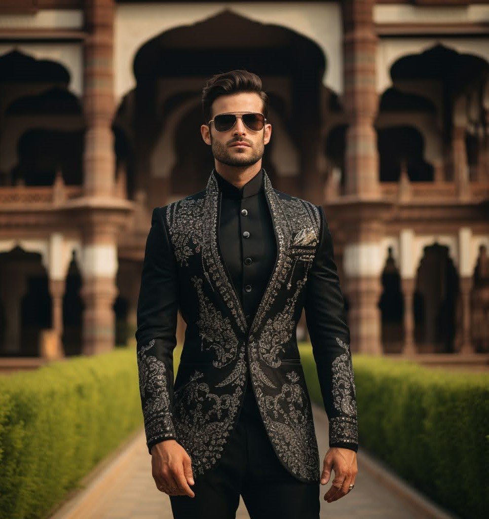Luxury wedding tuxedos for UK grooms featuring black embroidered jackets and a shawl-lapel tuxedo for black-tie ceremonies