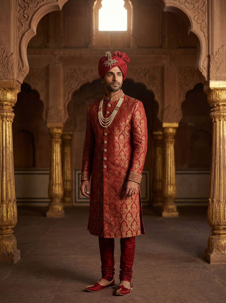 Red Maharaja-style sherwani with gold embroidery, styled for a luxury UK wedding.