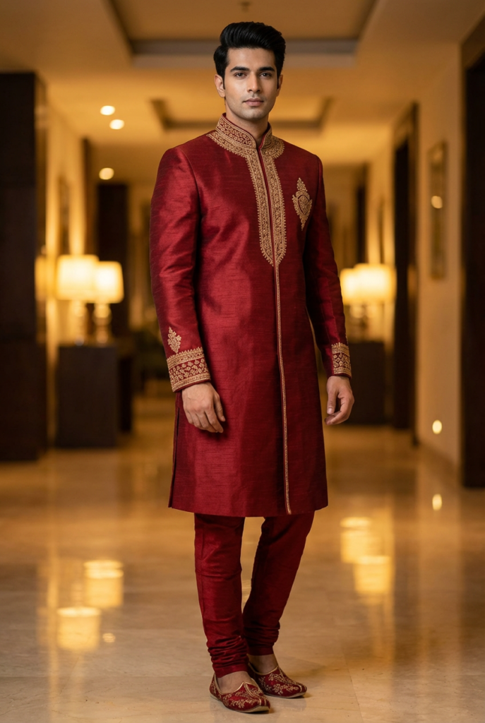 Mid‑range sherwani featuring structured tailoring and refined fabric quality.
