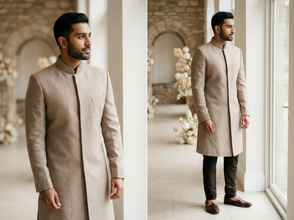 Simple ivory sherwani with minimal embroidery, styled for a modern UK wedding.