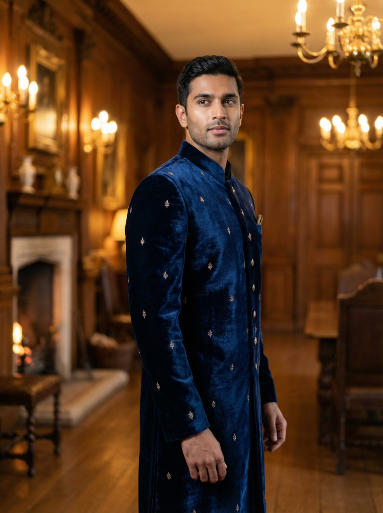 Luxury silk and velvet sherwani fabrics styled for UK weddings, highlighting comfort, drape, and elegance.