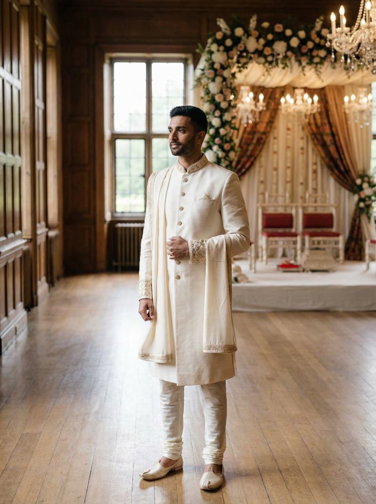 Ivory Indo-Western sherwani styled for a UK wedding ceremony, blending traditional craftsmanship with modern tailoring.