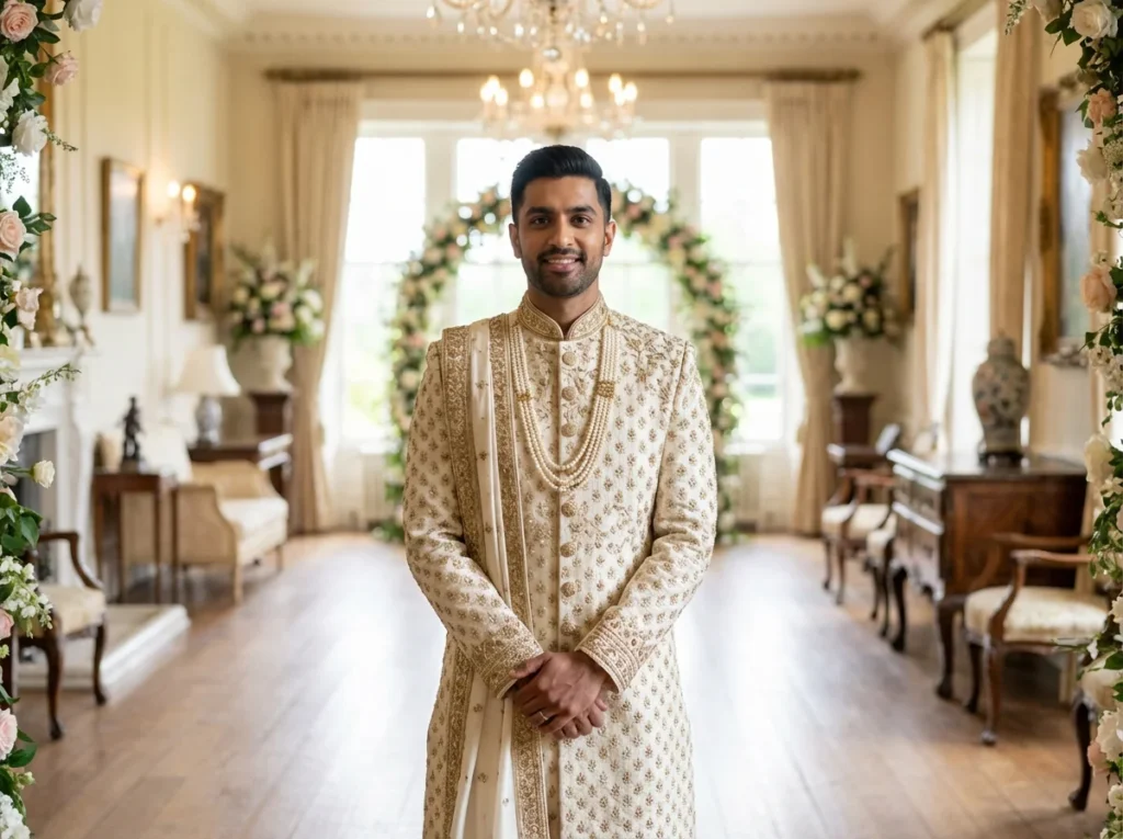 Designer sherwani for men styled for a Canada wedding