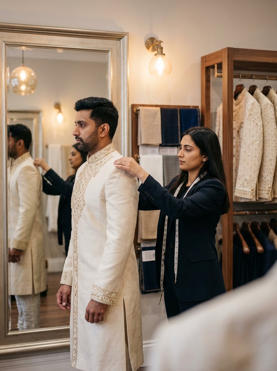 Hands fastening the buttons of a sherwani at a fitting