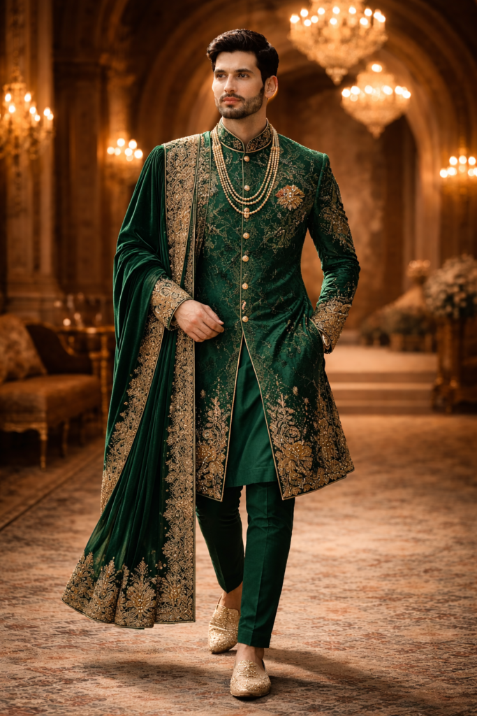 Emerald green sherwani