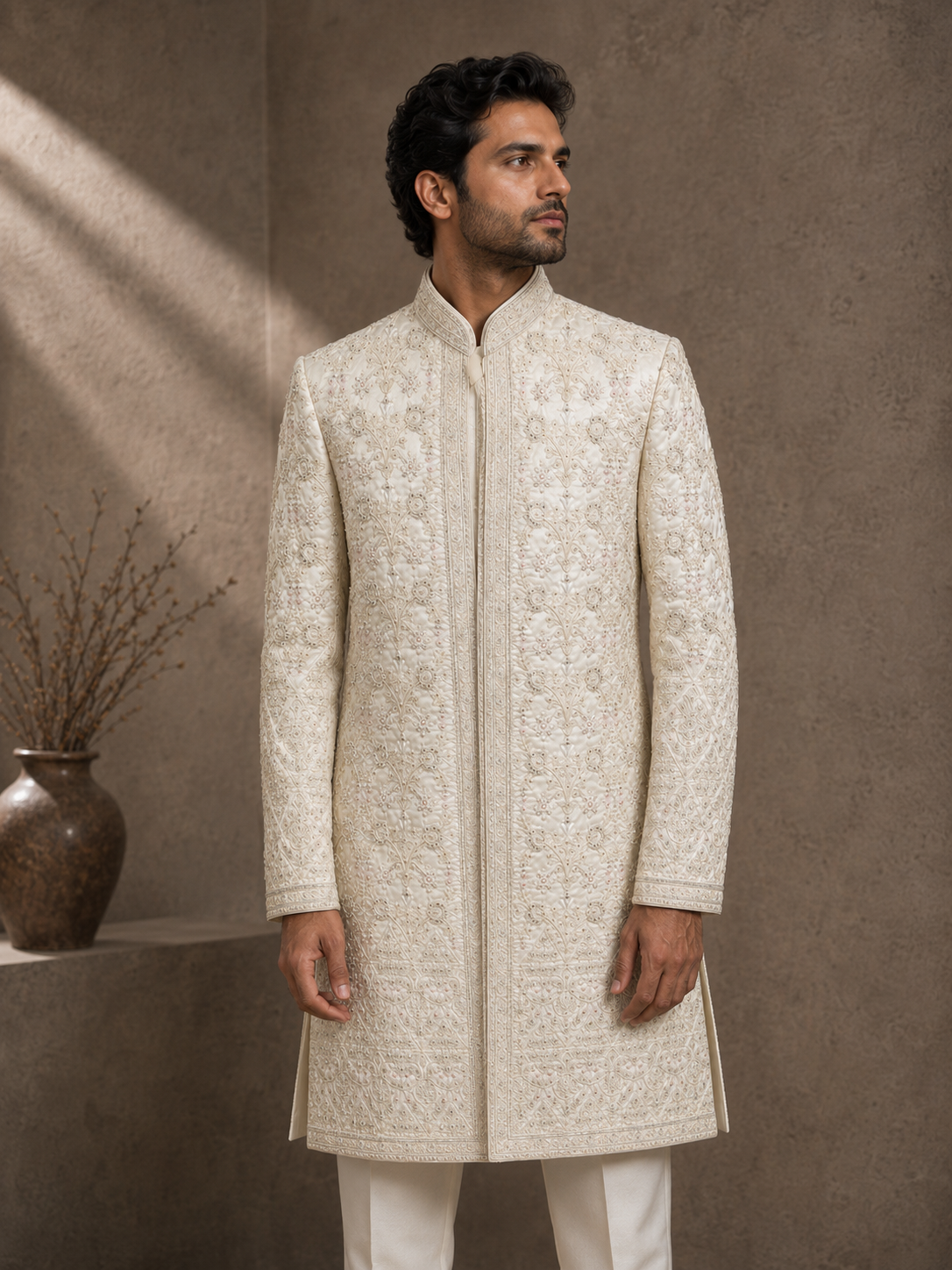 White Floral Embroidered Sherwani