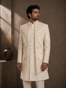 Ivory Geometric Embroidered Prince Coat