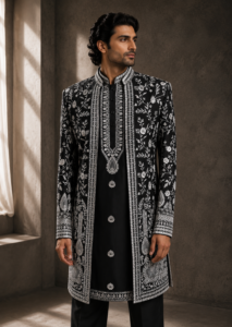 Black Floral Silk Prince Coat