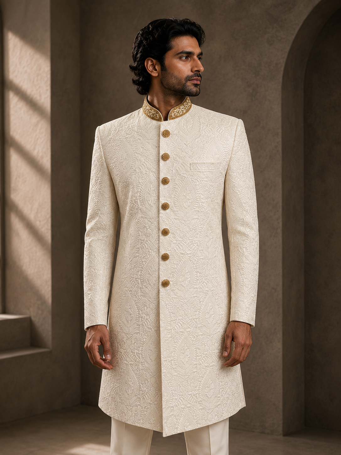 White Self Embroidered Sherwani