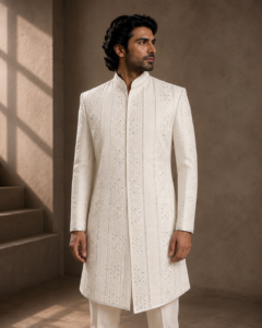 White Silk Self Embroidered Sherwani