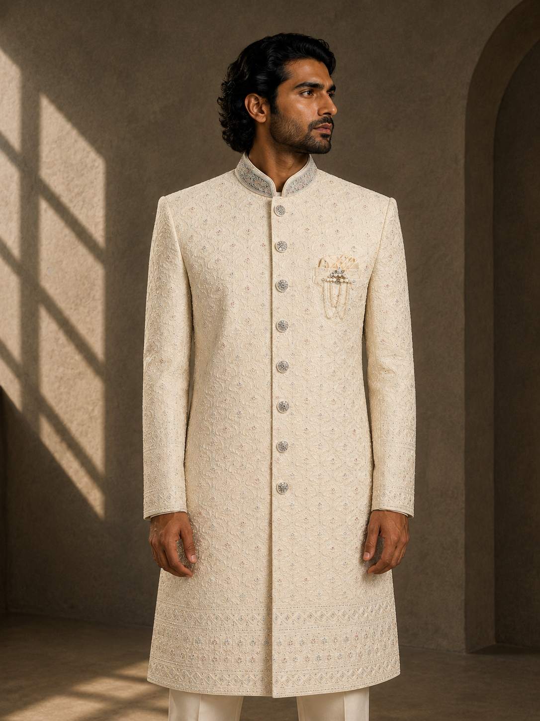 Peach Embroidered Sherwani