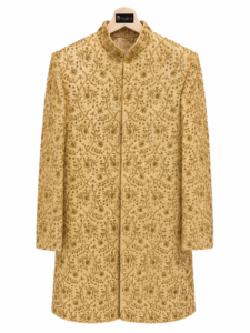 Light Gold Antique Floral Raw Silk Emroidered Sherwani