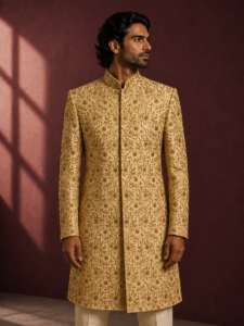 Light Gold Antique Floral Raw Silk Emroidered Sherwani