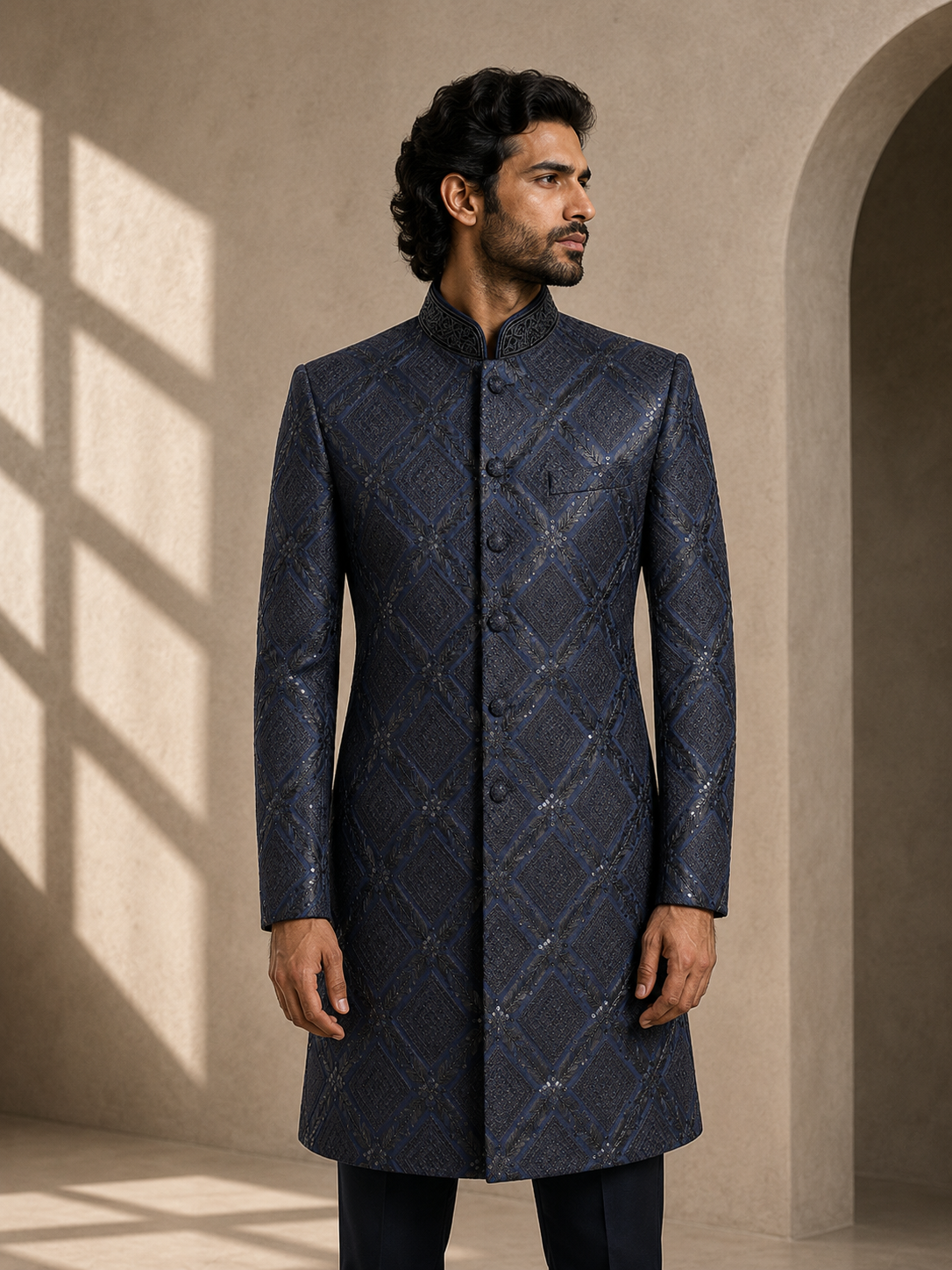 Navy Geometric Sequin Sherwani