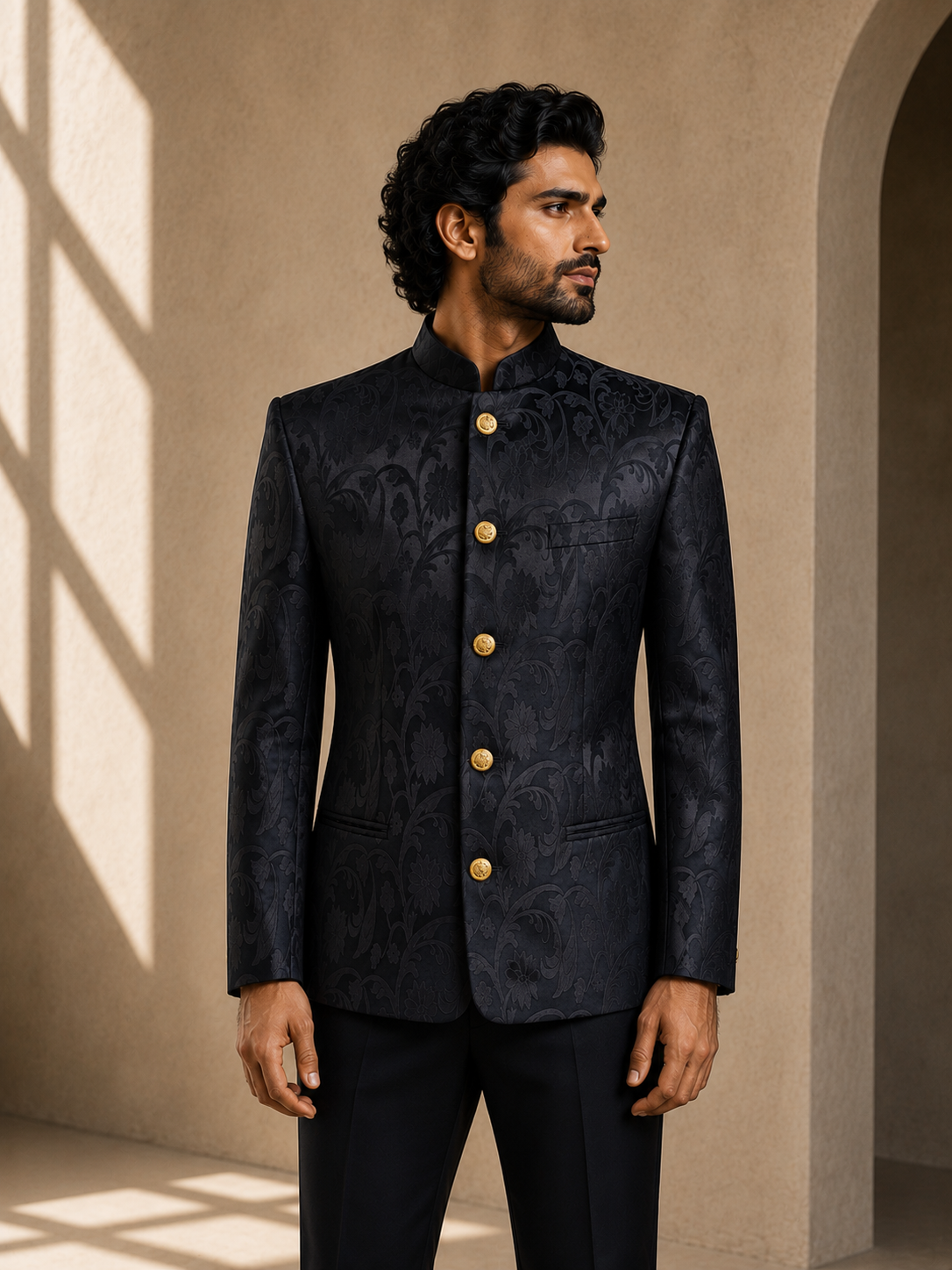 Black Self-Textured Silk Prince Coat