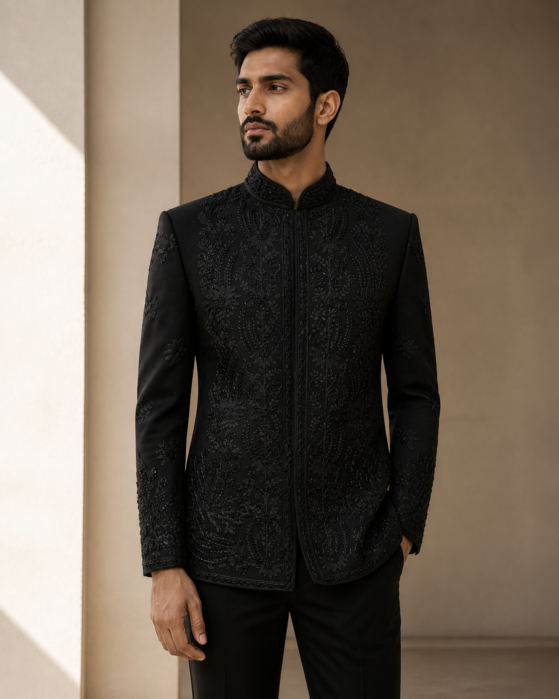 Black Floral Hand Embroidered Prince Coat