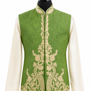 Green & Ivory Front Embroidered Jacquard Waistcoat