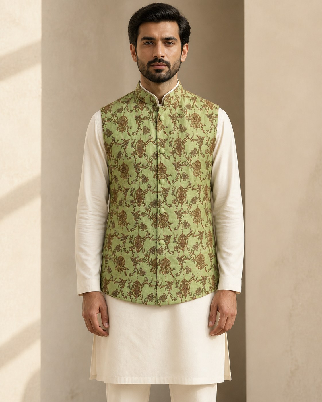 Sage Green and Bronze Gold Cotton Printed Waistcoat