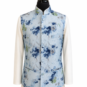 Powder Blue Quilted Floral Print Waistcoat