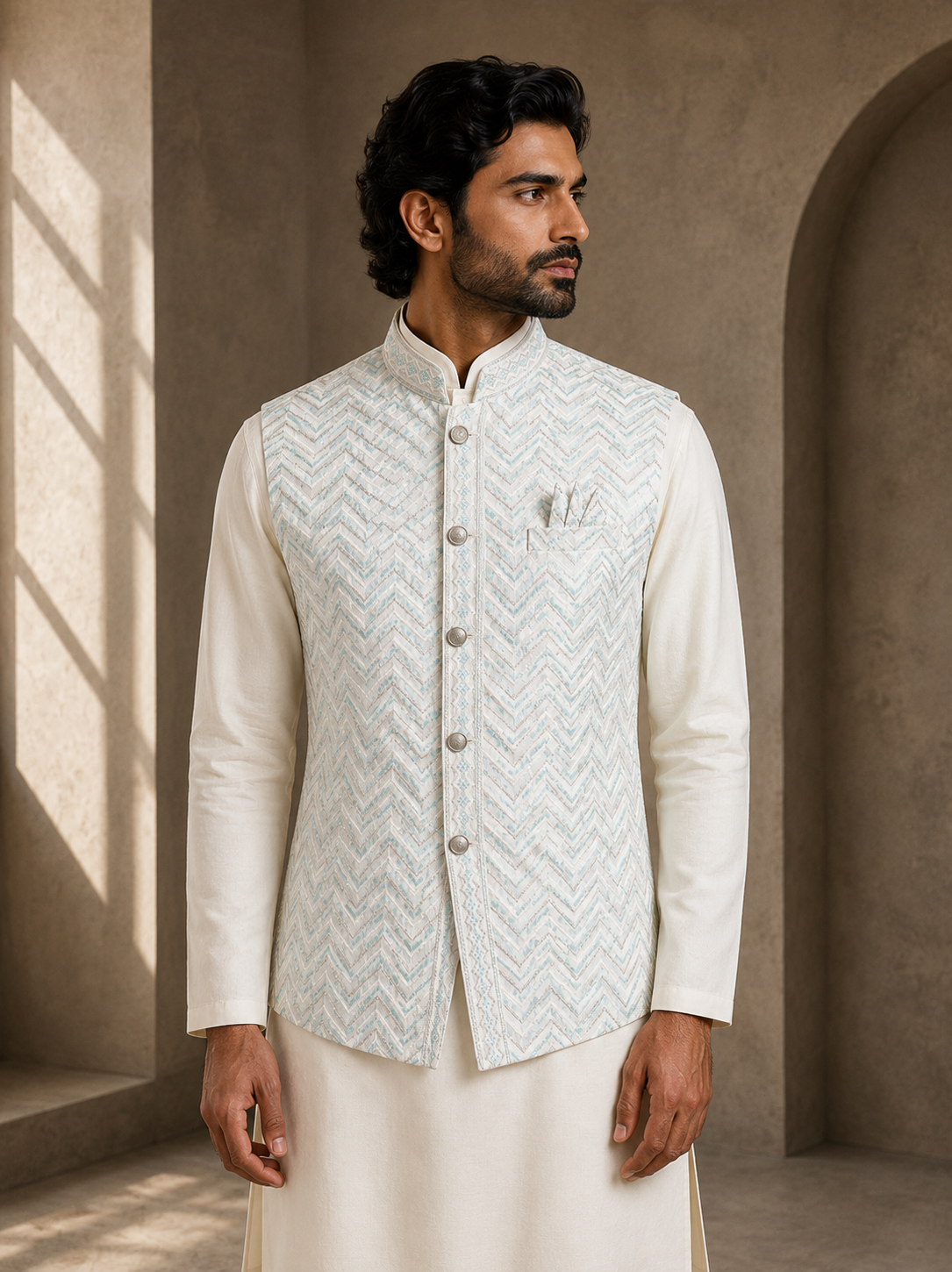 Ivory and Ice Blue Silk Waistcoat