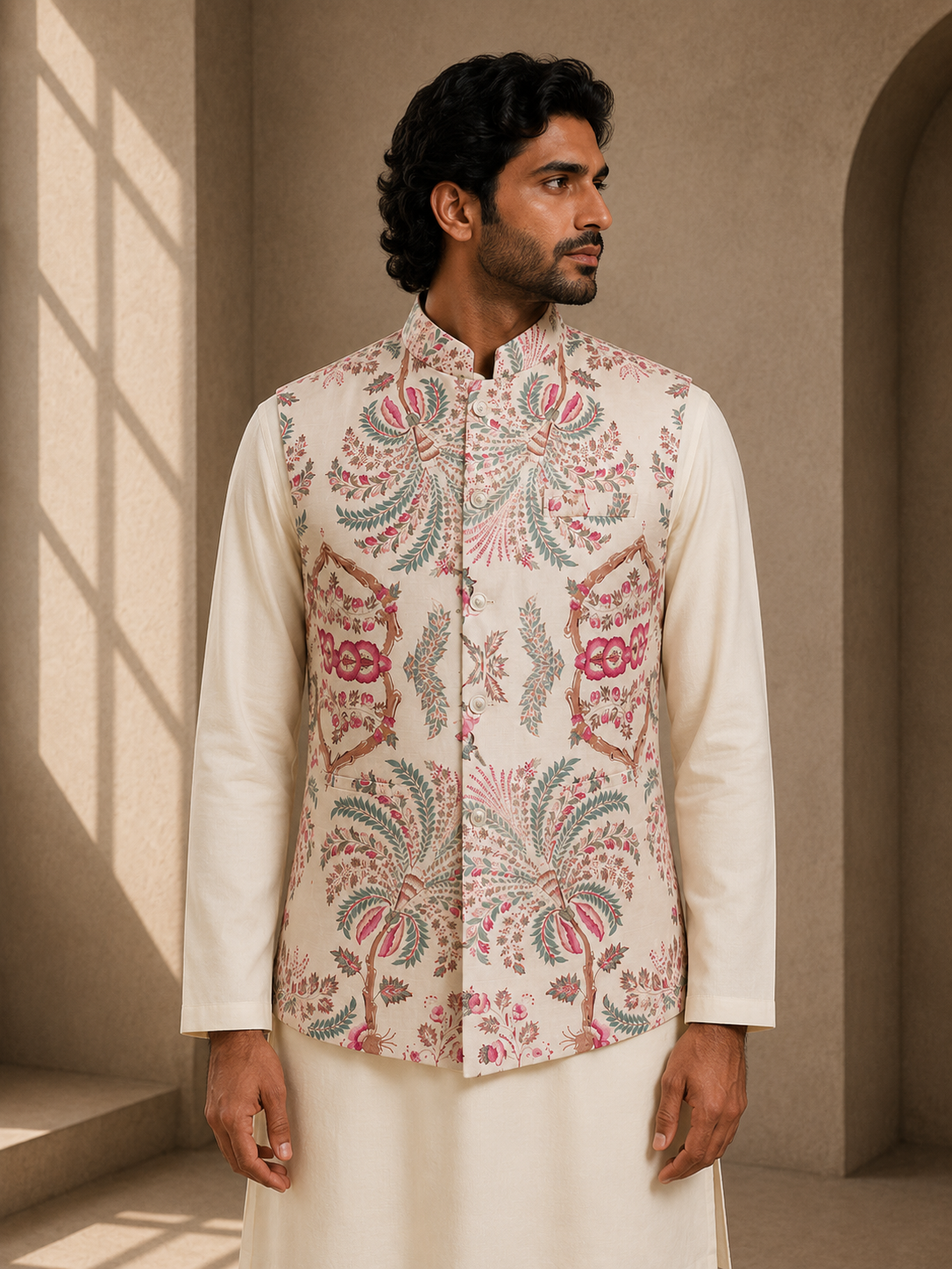 Ivory Silk Printed Waistcoat
