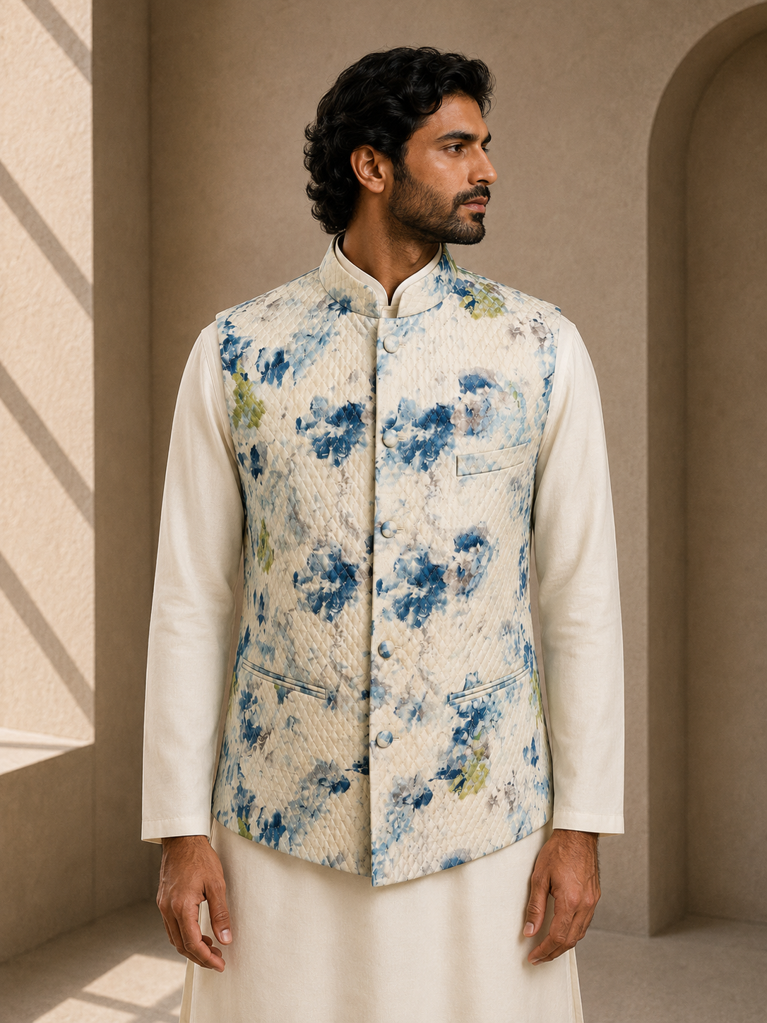 Ivory and Blue Cotton Floral Waistcoat