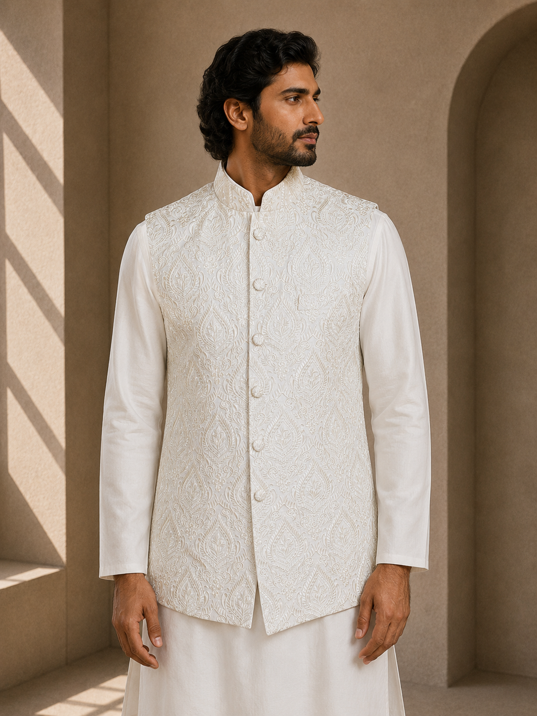 Off White Thread Embroidered Waistcoat