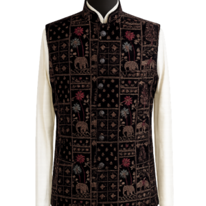 Black Velvet Multicolor Embroidered Waistcoat