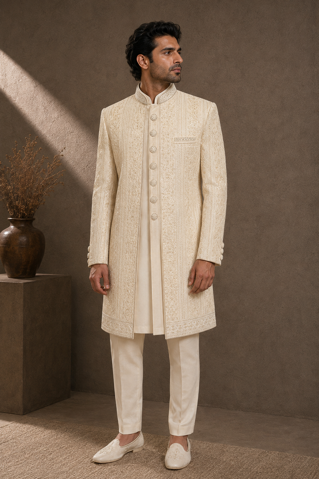 Cream Embroidered Sherwani