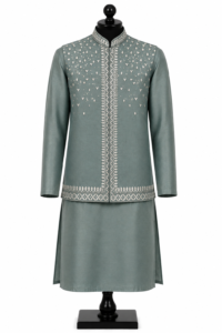 Sage Green Raw Silk Mirrorwork Waistcoat and Kurta Set