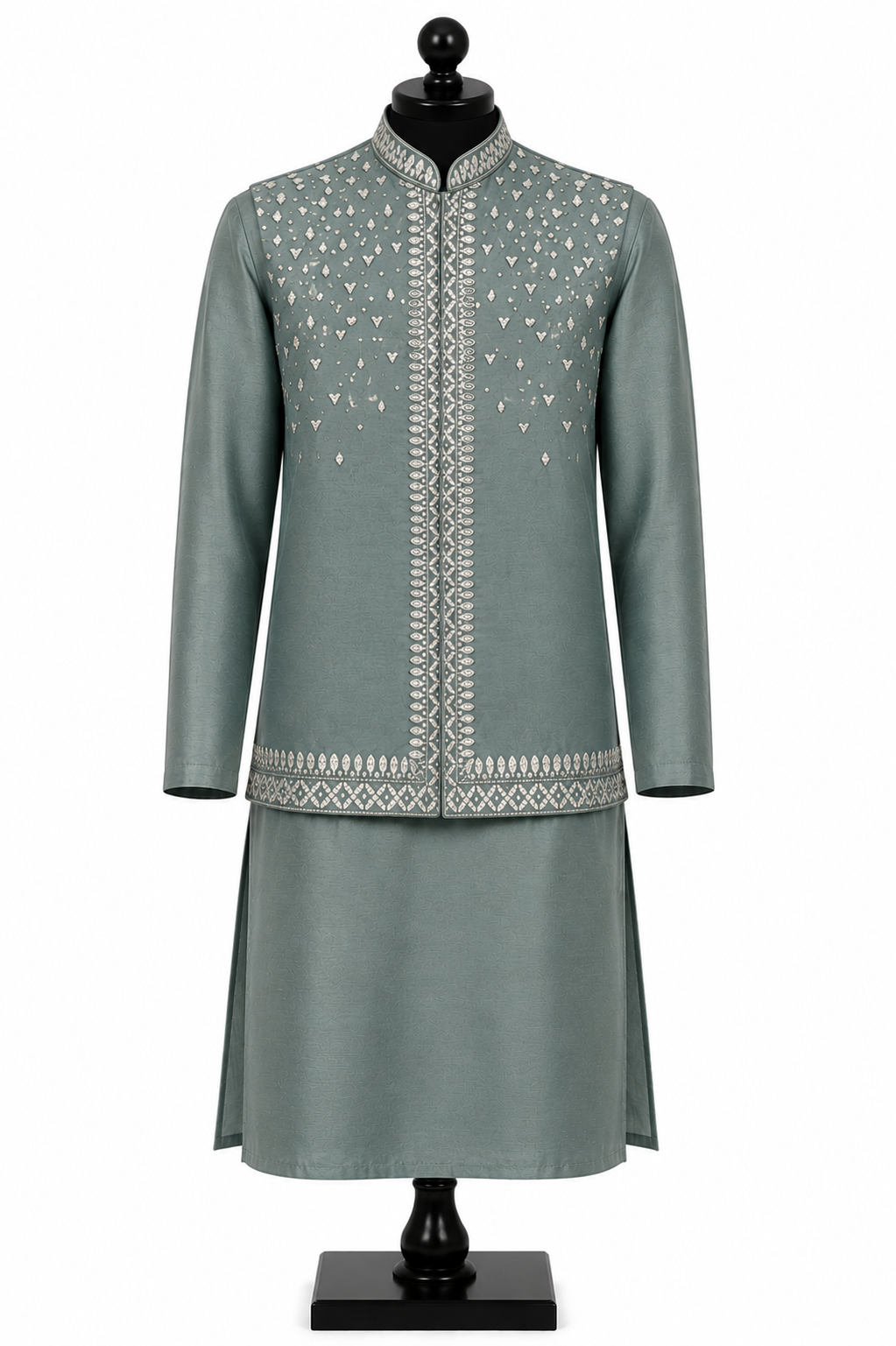Sage Green Raw Silk Mirrorwork Waistcoat and Kurta Set