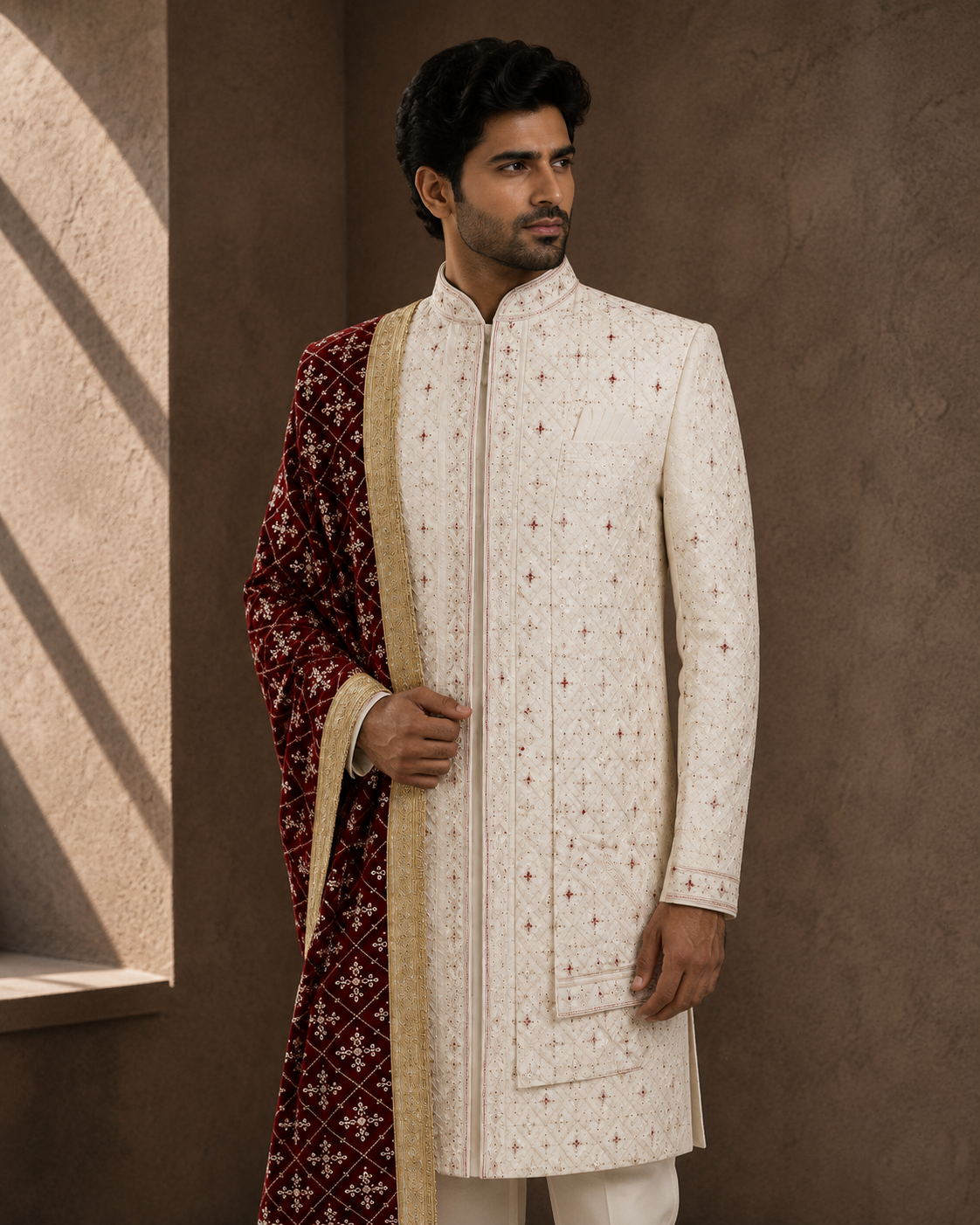 Ivory and Maroon Embroidered Silk Sherwani