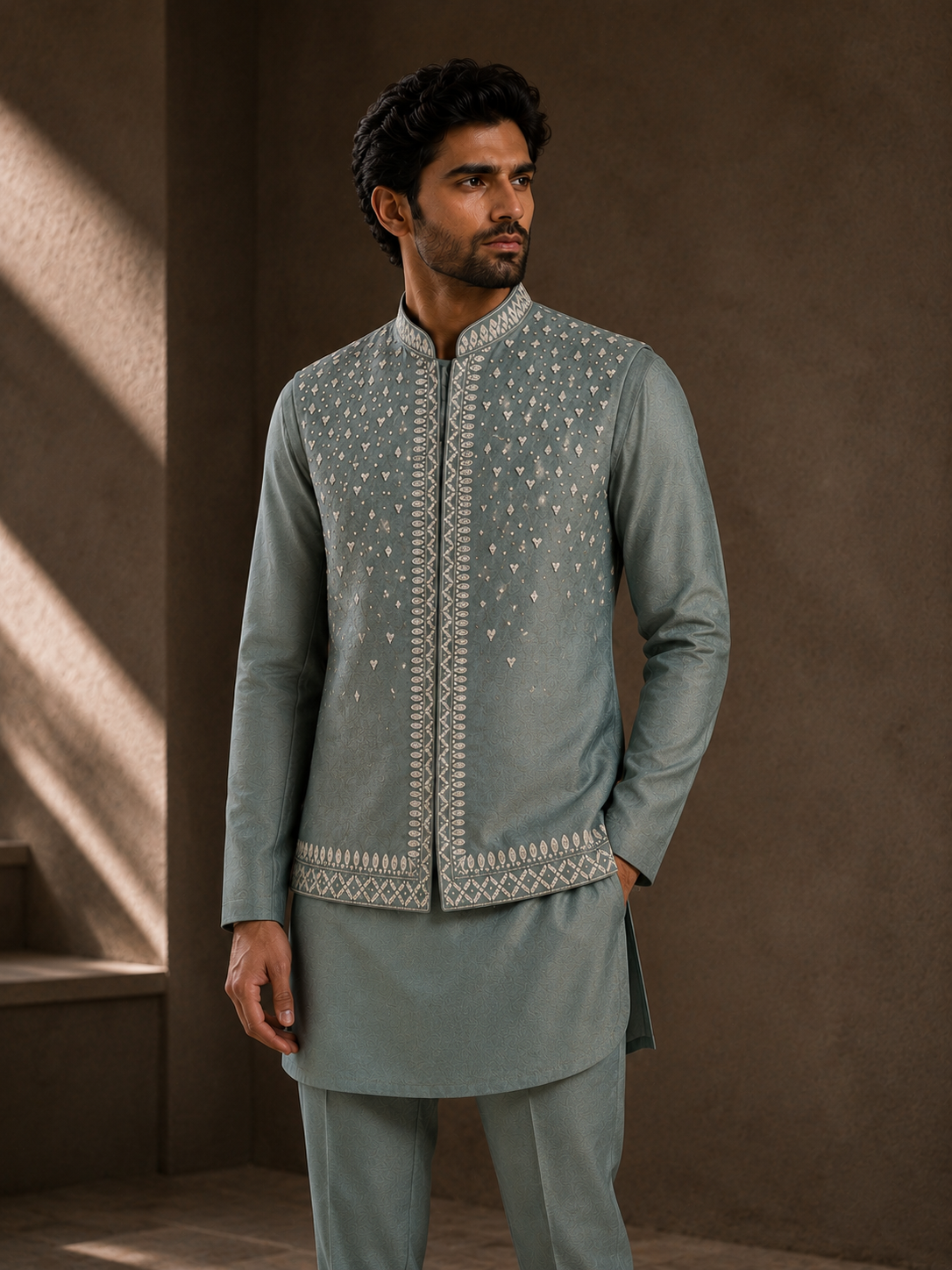 Sage Green Raw Silk Mirrorwork Waistcoat and Kurta Set