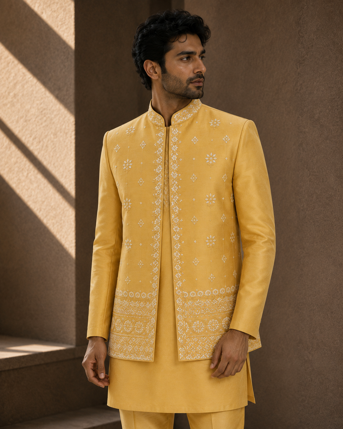 Mustard Gold Cotton Waistcoat & Kurta Set