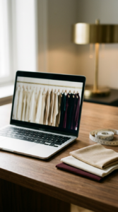 Laptop on a showroom table during a virtual sherwani consultation, with fabric and a tape measure