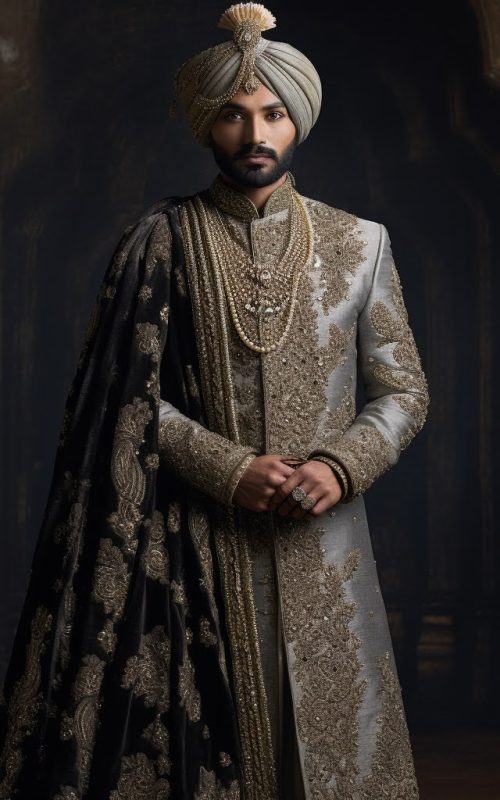 Man in cream sherwani with embroidered details and black dupatta wearing traditional turban in architectural setting