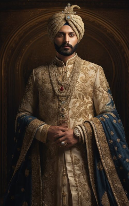 Groom in golden sherwani with blue accents and matching turban standing in ornate archway