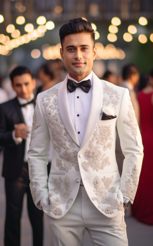 Groom in White Embroidered Sherwani Tuxedo at Celebration Modern Groomswear Style