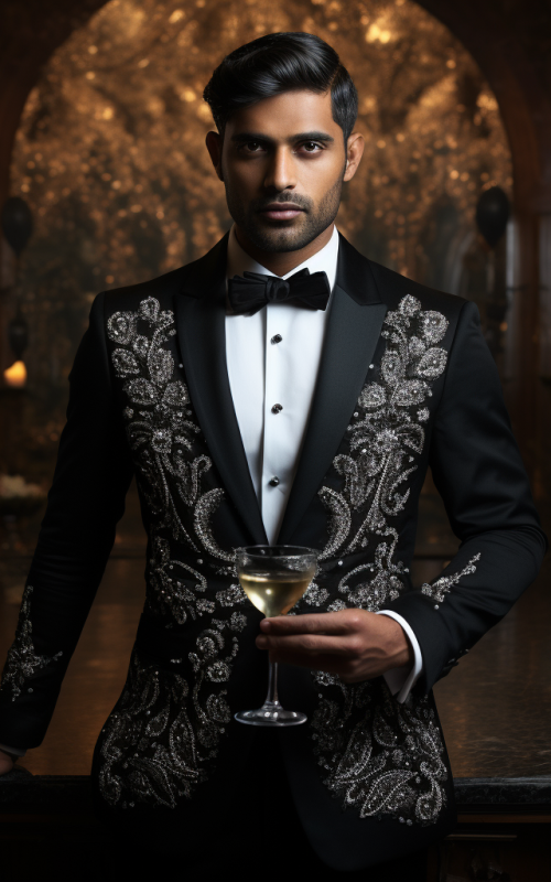 Groom in Navy Embroidered Tuxedo with Goblet Royal Indoor Groomswear Setting