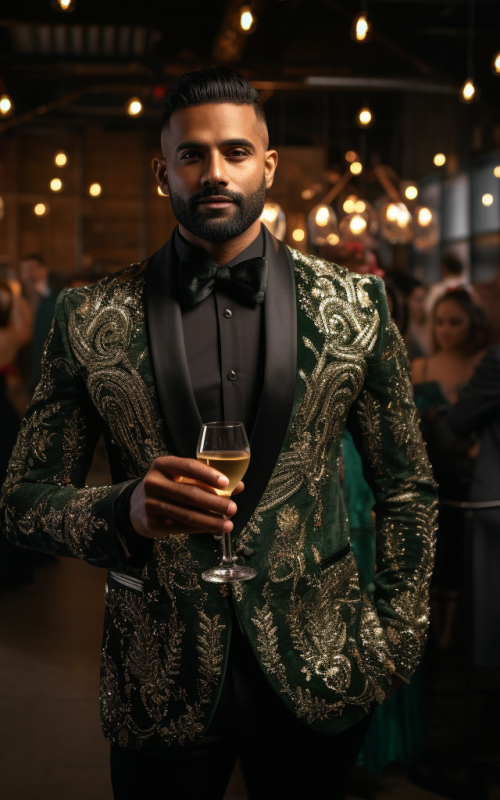 Groom in White Embroidered Sherwani Tuxedo Royal Groomswear with Black Bow Tie