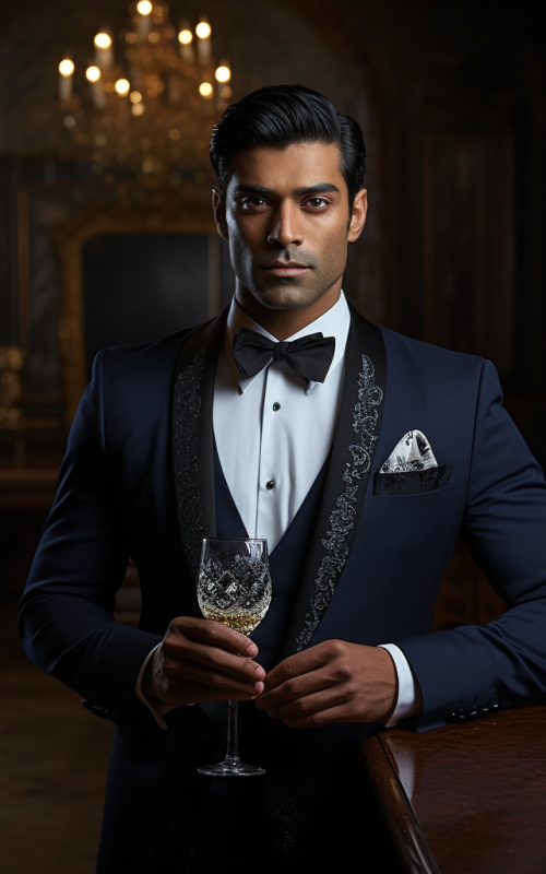 Groom in Black Embroidered Sherwani Tuxedo Holding Wine Glass Royal Groomswear Look